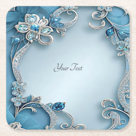 Blue Ornate Floral Paper Coaster スクエアペーパーコースター