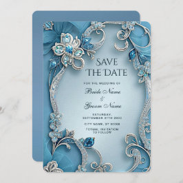 Blue Ornate Floral Save The Date セーブザデート