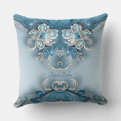Blue Ornate Floral Throw Pillow クッション (裏面)