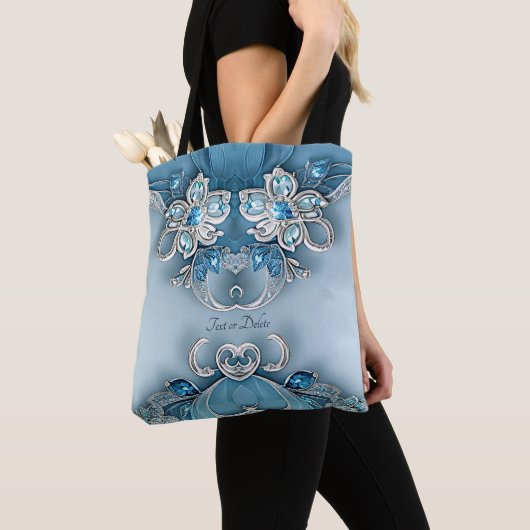 Blue Ornate Floral Tote Bag トートバッグ (クローズアップ)