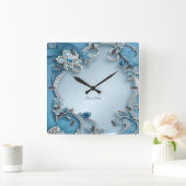 Blue Ornate Floral Wall Clock スクエア壁時計 (ホーム)