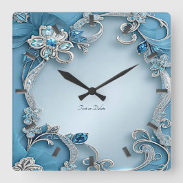 Blue Ornate Floral Wall Clock スクエア壁時計