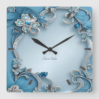 Blue Ornate Floral Wall Clock スクエア壁時計