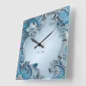 Blue Ornate Floral Wall Clock スクエア壁時計 (傾斜)