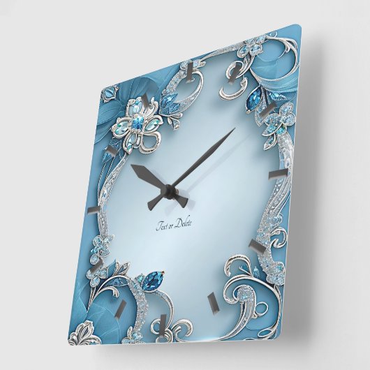 Blue Ornate Floral Wall Clock スクエア壁時計 (傾斜)