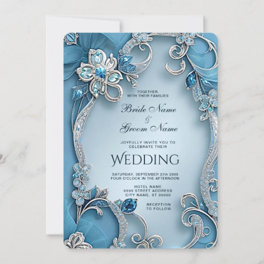 Blue Ornate Floral Wedding Invitation 招待状 (正面)