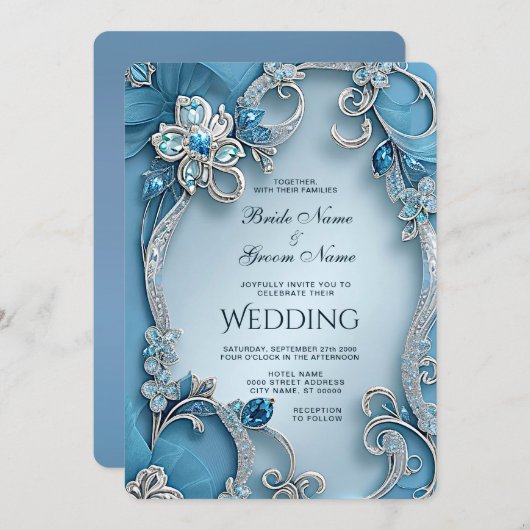 Blue Ornate Floral Wedding Invitation 招待状 (正面/裏面)