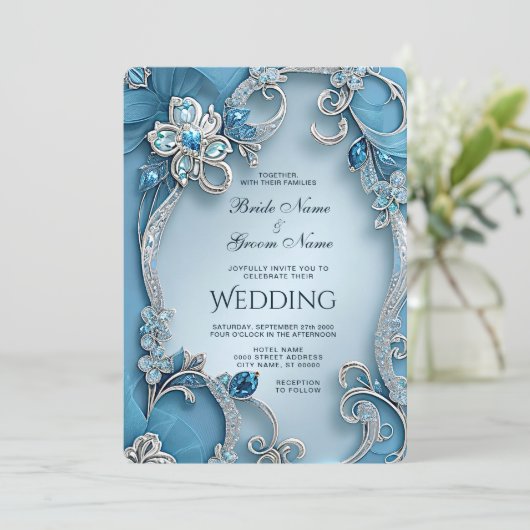 Blue Ornate Floral Wedding Invitation 招待状 (スタンド正面)