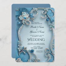 Blue Ornate Floral Wedding Invitation