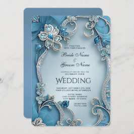 Blue Ornate Floral Wedding Invitation 招待状