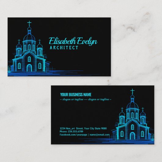 Blue Orthodox Church Sketch on Black Background 名刺 (正面/裏面)