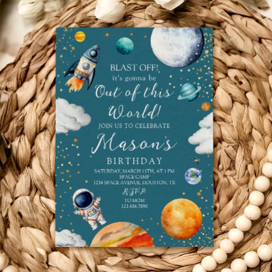 Blue Out of This World Rocket & Astronaut Kids  招待状