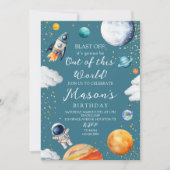 Blue Out of This World Rocket & Astronaut Kids  招待状 (正面)