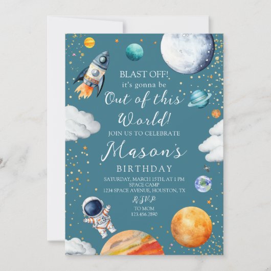 Blue Out of This World Rocket & Astronaut Kids 招待状 (正面)