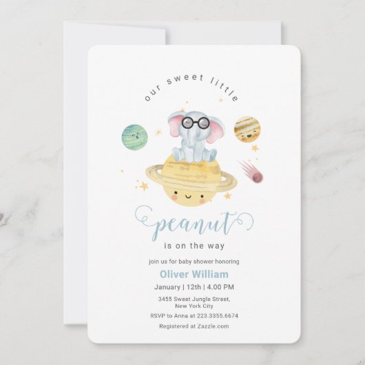 Blue Outer Space Elephant Baby Shower  招待状 (正面)