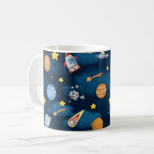 Blue Outer Space Planets Seamless Pattern コーヒーマグカップ (正面左)