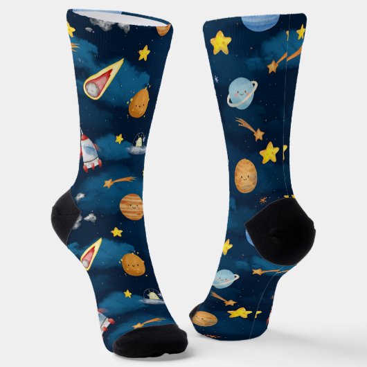 Blue Outer Space Planets Seamless Pattern ソックス (傾斜あり)