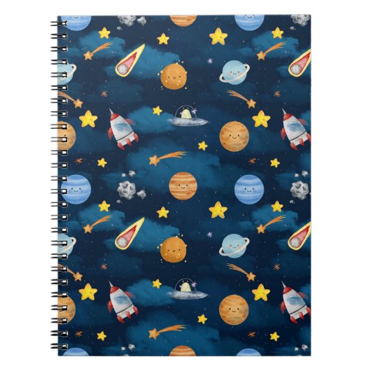 Blue Outer Space Planets Seamless Pattern ノートブック (正面)