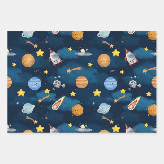 Blue Outer Space Planets Seamless Pattern ラッピングペーパーシート (正面)