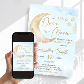 Blue Over the Moon Baby Shower  招待状