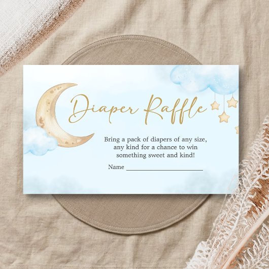 Blue Over the Moon Baby Shower Diaper Raffle エンクロージャーカード