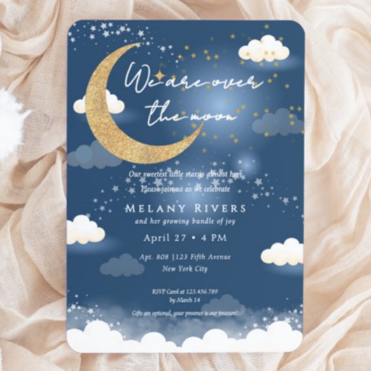 Blue Over the Moon Gender Neutral Baby Shower 招待状