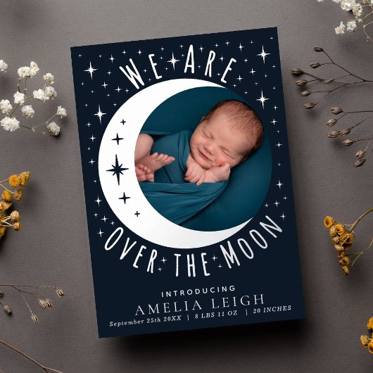 Blue Over the Moon Photo Birth Announcement Card 箔招待状