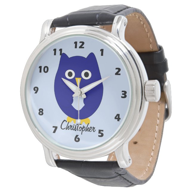Blue Owl Design Any Colour Background Personalised 腕時計 (アングル)