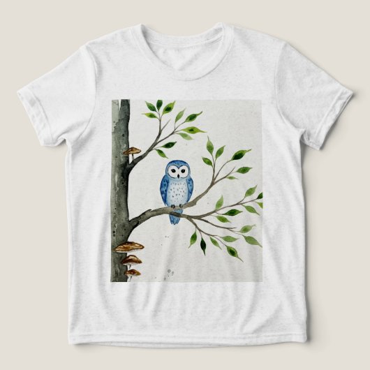 Blue owl on a tree branch トライブレンドTシャツ (デザイン正面)