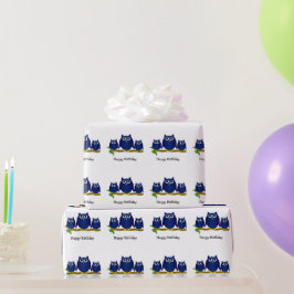 Blue Owls Design Birthday Gift ラッピングペーパー