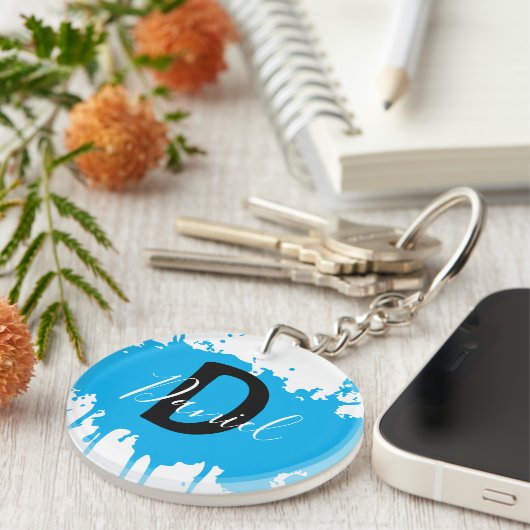 Blue Paint Splash Monogram Keychain Personalized キーホルダー (正面右)