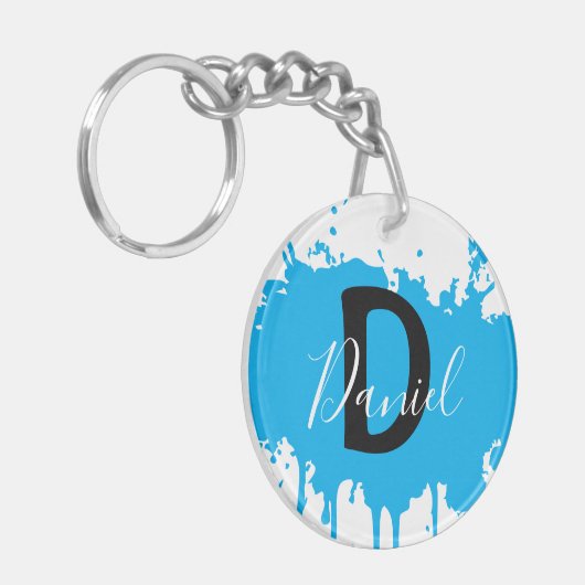 Blue Paint Splash Monogram Keychain Personalized キーホルダー (正面左)