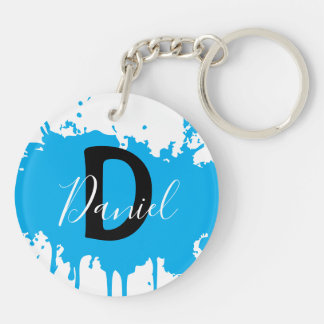 Blue Paint Splash Monogram Keychain Personalized キーホルダー
