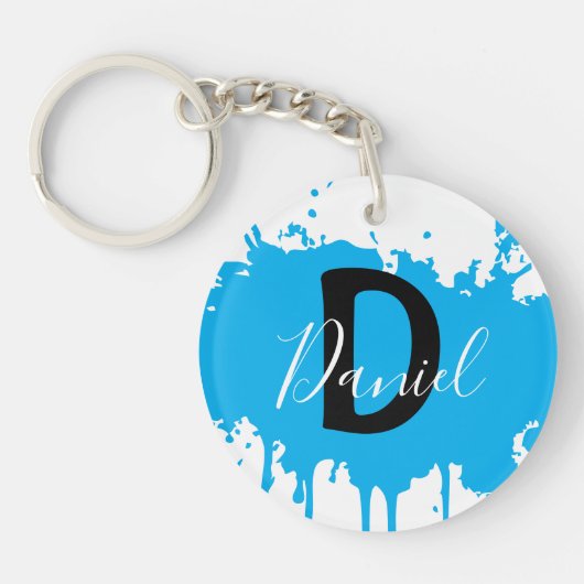 Blue Paint Splash Monogram Keychain Personalized キーホルダー (正面)