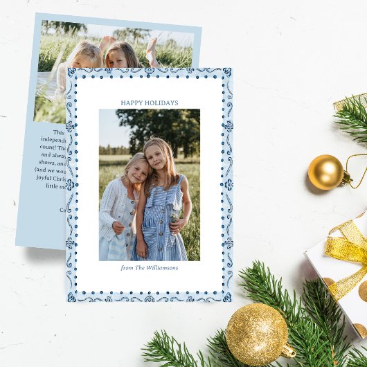Blue Painted Folk Floral Border Christmas Photo シーズンカード