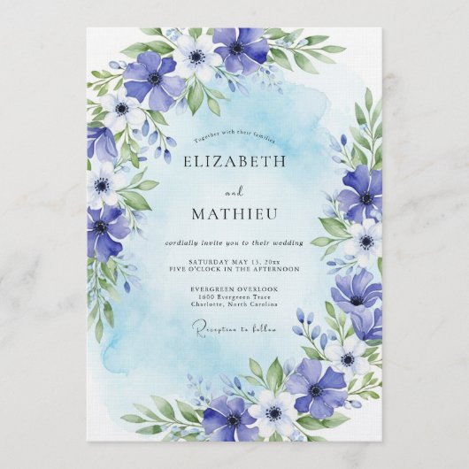 Blue Painterly Bloom Wedding 招待状 (正面)