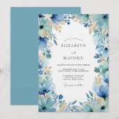 Blue Painterly Floral Enchantment Wedding 招待状 (正面/裏面)