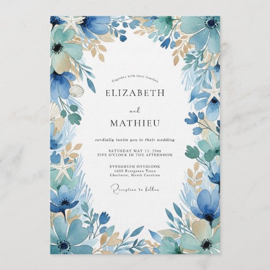 Blue Painterly Floral Enchantment Wedding 招待状 (正面)