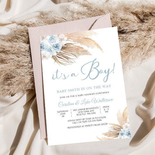 Blue Pampas Baby Shower Invitation 招待状