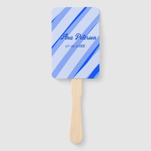 Blue pastel add name date boho retro lines pattern ハンドファン (正面)