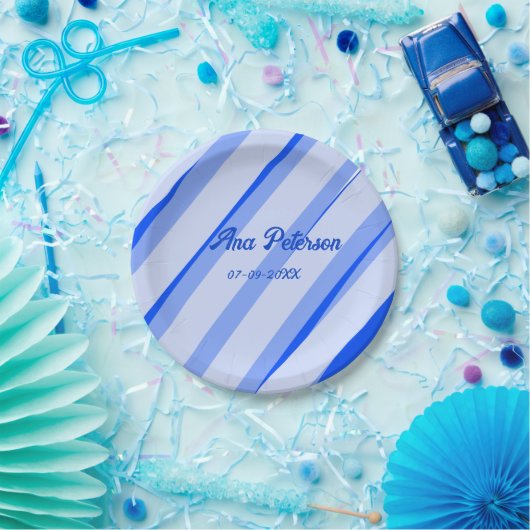 Blue pastel add name date boho retro lines pattern ペーパープレート (パーティー)