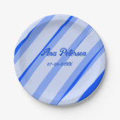 Blue pastel add name date boho retro lines pattern ペーパープレート (正面)
