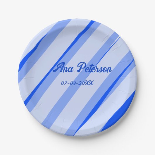 Blue pastel add name date boho retro lines pattern ペーパープレート (正面)