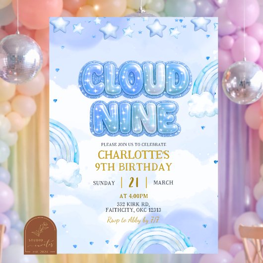 Blue Pastel Cloud Nine Birthday 招待状