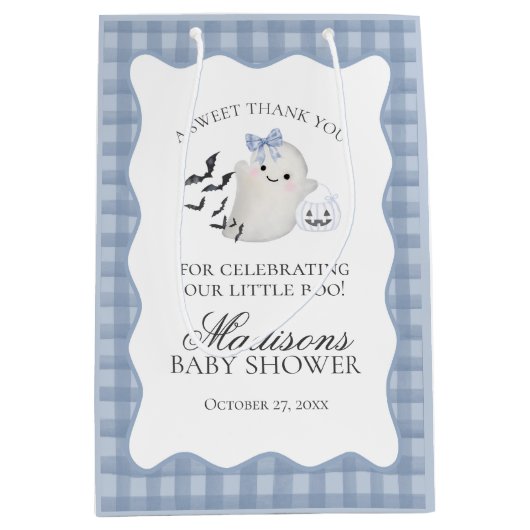 Blue Pastel Little Boo Ghost Baby Shower Favors ミディアムペーパーバッグ (正面)