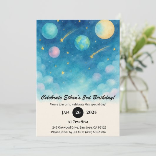 Blue Pastel Space Sky Birthday  招待状 (スタンド正面)