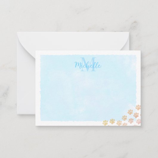 Blue Pastel Watercolor Dog Paw Monogram ノートカード (正面)