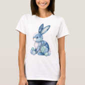Blue Patchwork Easter Bunny Floral Gingham Spring Tシャツ (正面)