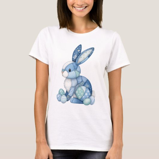 Blue Patchwork Easter Bunny Floral Gingham Spring Tシャツ (正面)