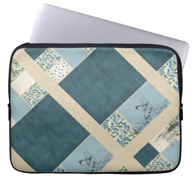 Blue Patchwork Laptop Electronics Sleeve  ラップトップスリーブ (正面)